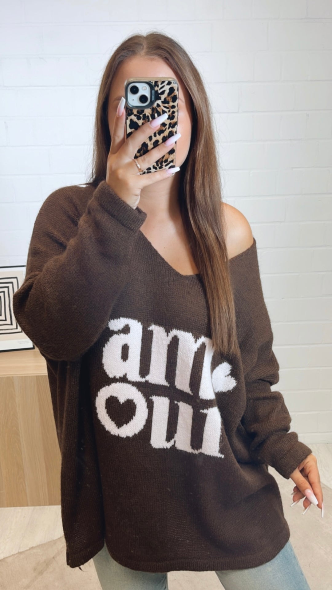 weiter Strick Pullover " Amour " /  braun - zartes soft rosa Art. 11219