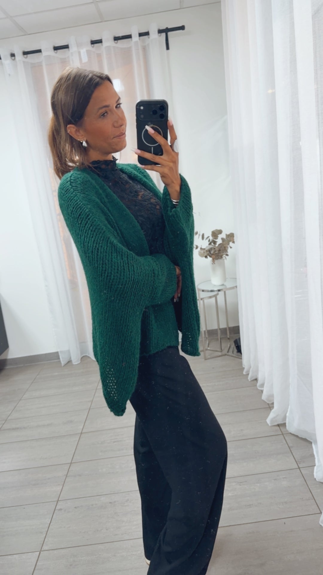 Oversize Strick Cardigan mit 3/4 -  Fledermausärmeln, offen / dunkel grün Art. 16216