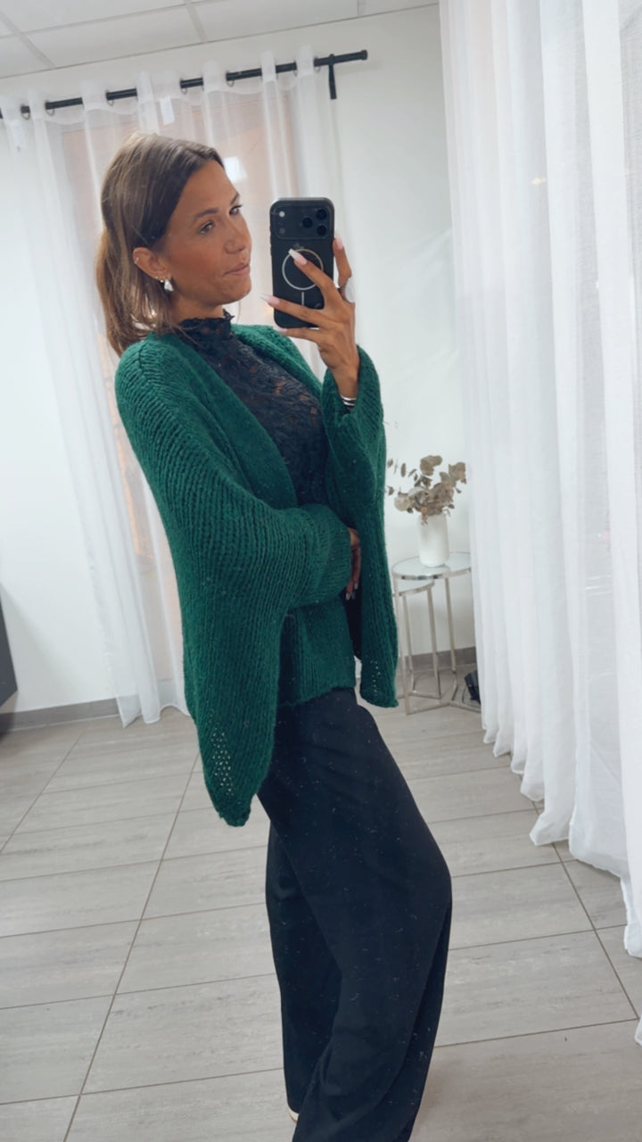 Oversize Strick Cardigan mit 3/4 -  Fledermausärmeln, offen / dunkel grün Art. 16216