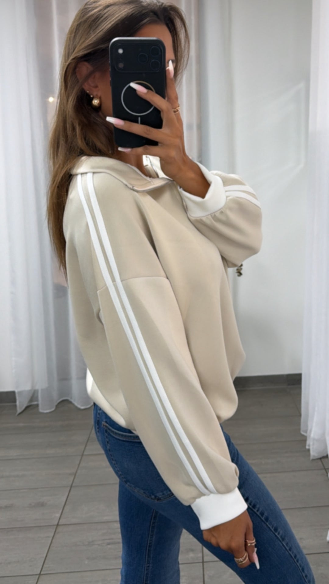 Half - Zip Sweater mit Kontraststreifen / beige - weiss Art. 16190