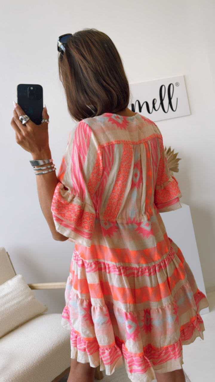 KURZES PREMIUM Tunika Kleid mit Muster / beige - pink - orange - hell blau Art. 9816