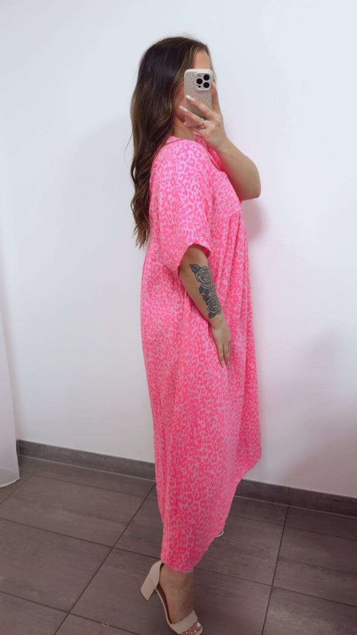 LEO langes Musselin Kleid, kurze Ärmel / rosa - Neon pink Art. 14690
