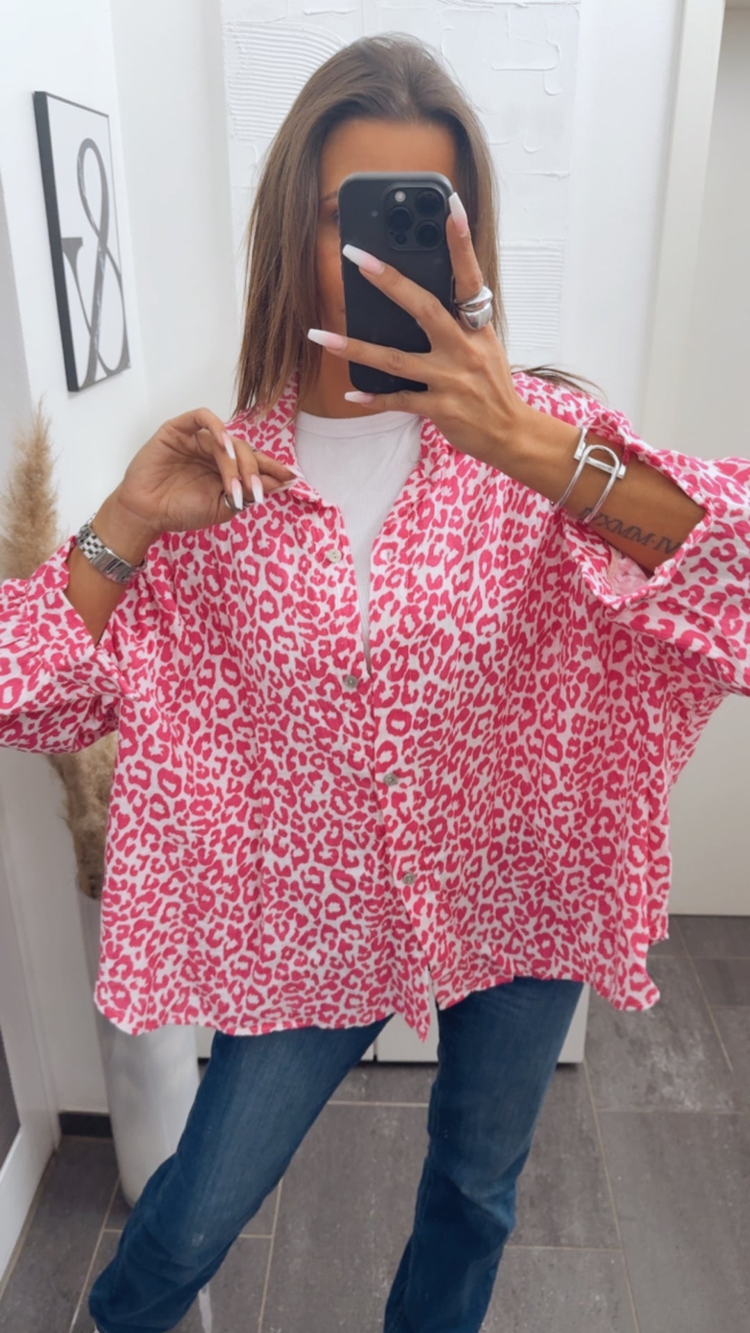 LEO KURZE Oversize Musselin Bluse / weiss - pink Art. 13763