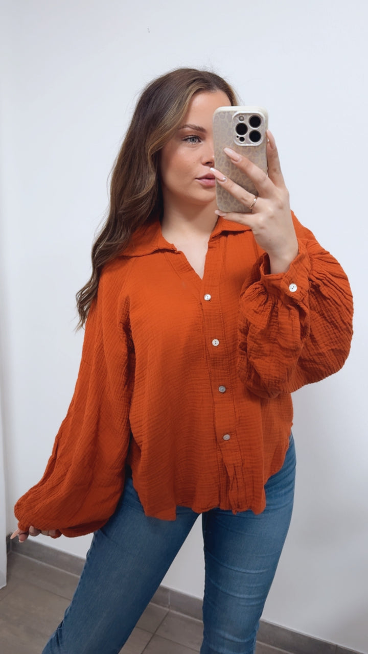 KURZE Oversize Musselin Bluse BALLONÄRMEL / orange Art. 14724