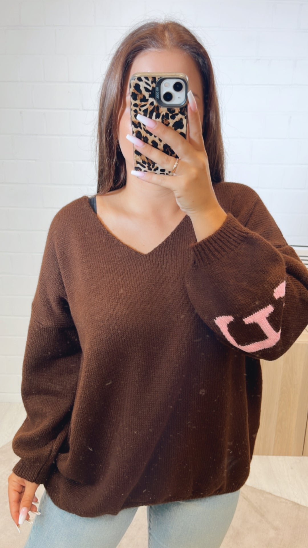 Strick Pullover "Namaste" / dunkel braun - soft pink Art. 11233