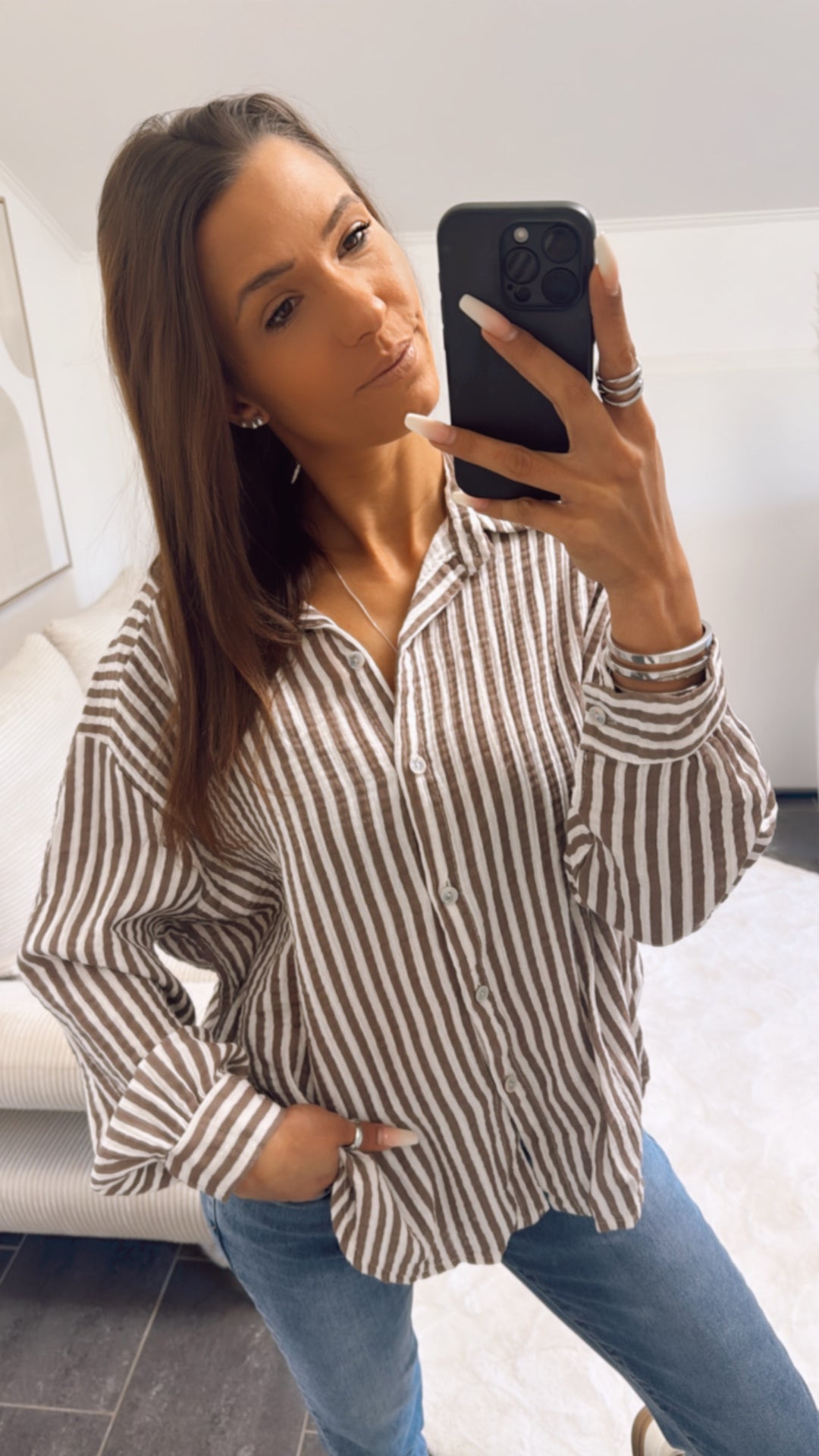KURZE Oversize Musselin Bluse mit Streifen / braun - beige Art. 9327