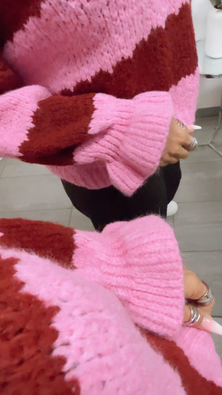 STREIFEN schlichter Strick Pullover mit abgesetztem Ausschnitt, Volantärmel / pink - Bordeaux rot Art. 13478