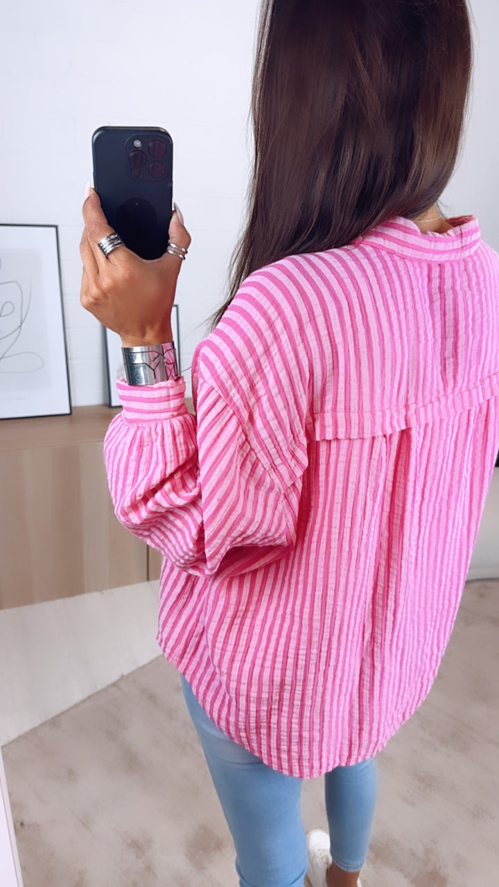 KURZE Oversize Musselin Bluse, breite Streifen / pink - rosa Art. 6518