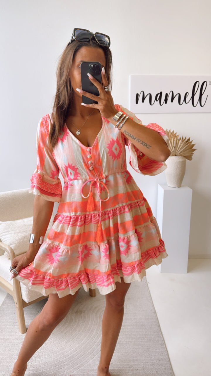 KURZES PREMIUM Tunika Kleid mit Muster / beige - pink - orange - hell blau Art. 9816