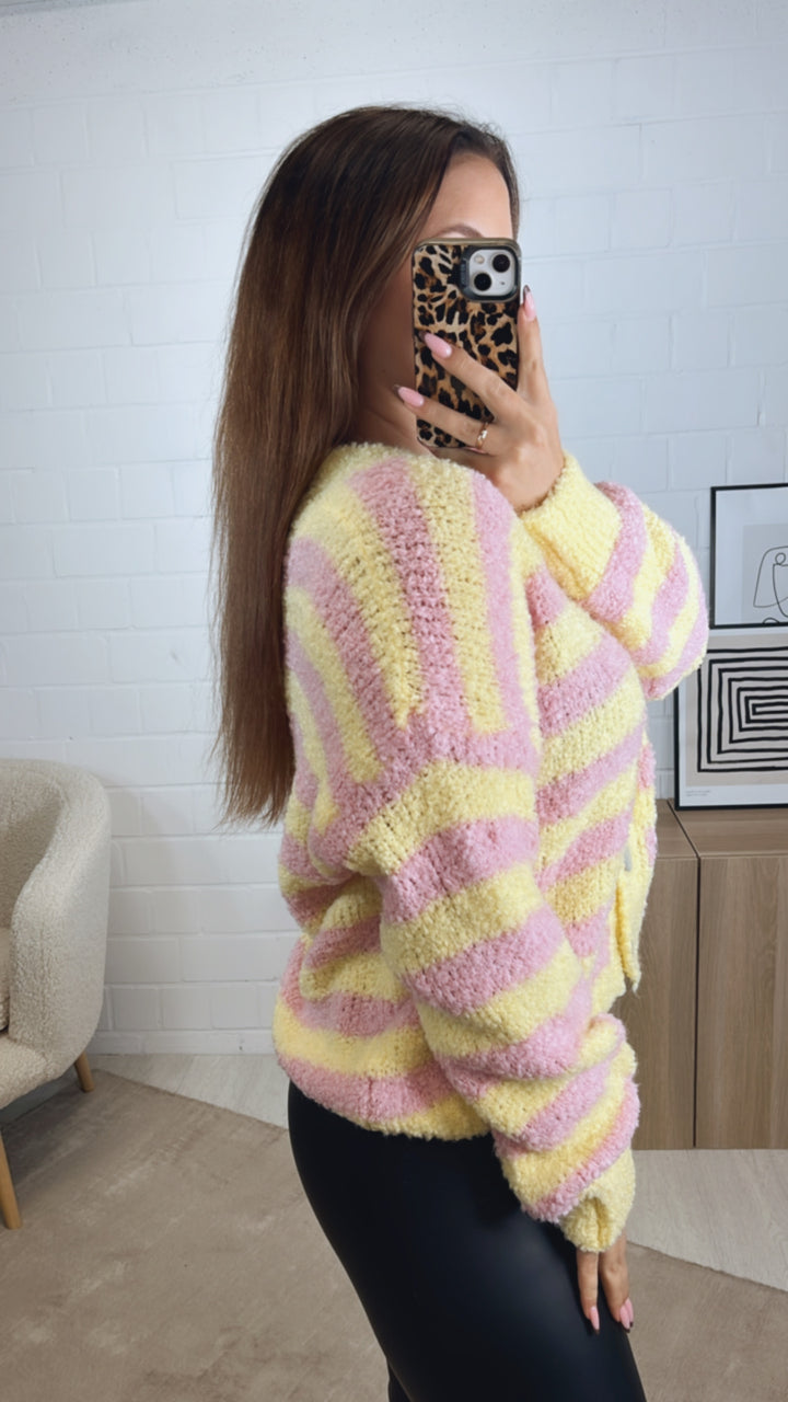 TEDDY STREIFEN Cardigan mit Perlmutt Knöpfen / soft gelb - soft rosa Art. 13020