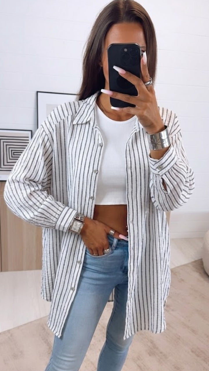 STREIFEN LANGE Musselin Bluse / dunkel grau verwaschen - weiss Art. 15586