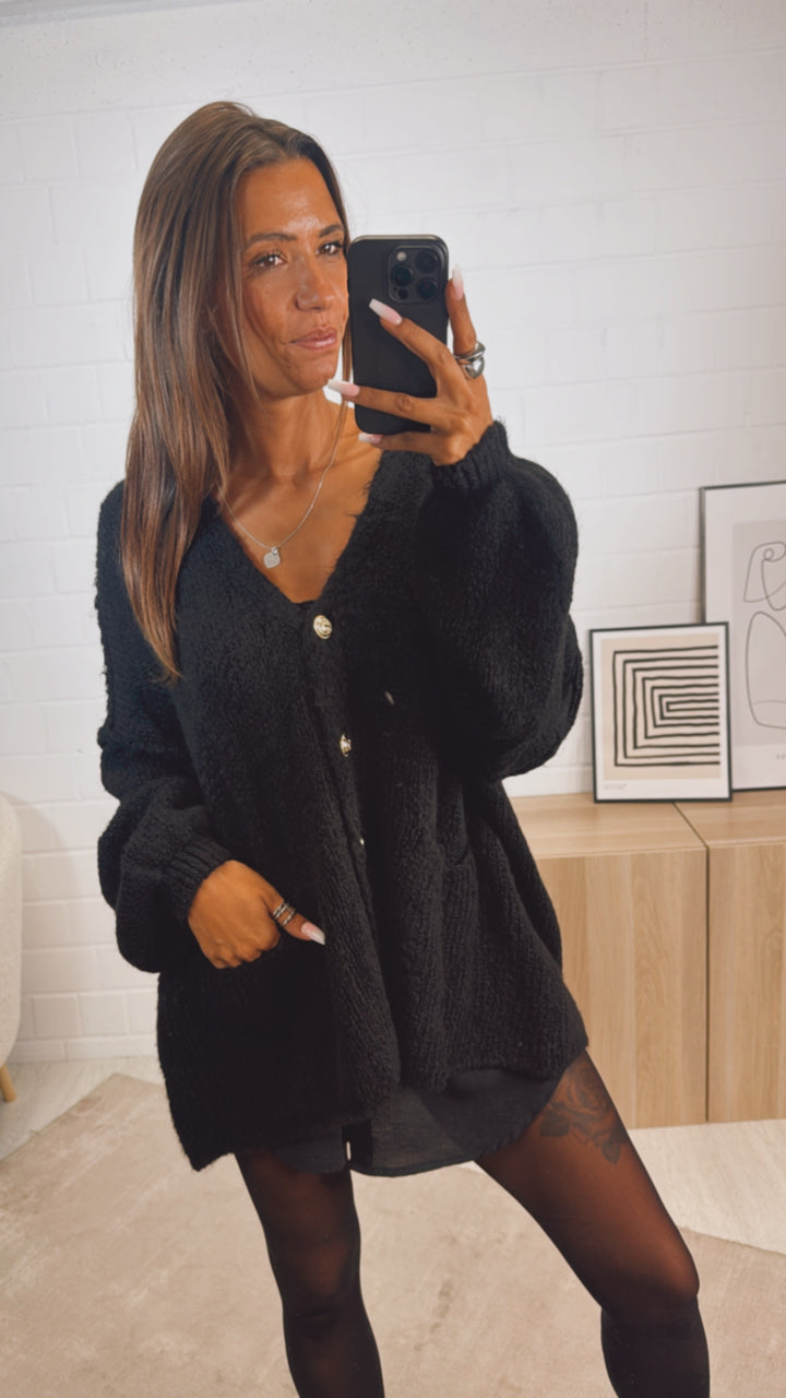 V-AUSSCHNITT Kuschel Cardigan mit goldenen Knöpfen und Taschen / schwarz Art. 12307