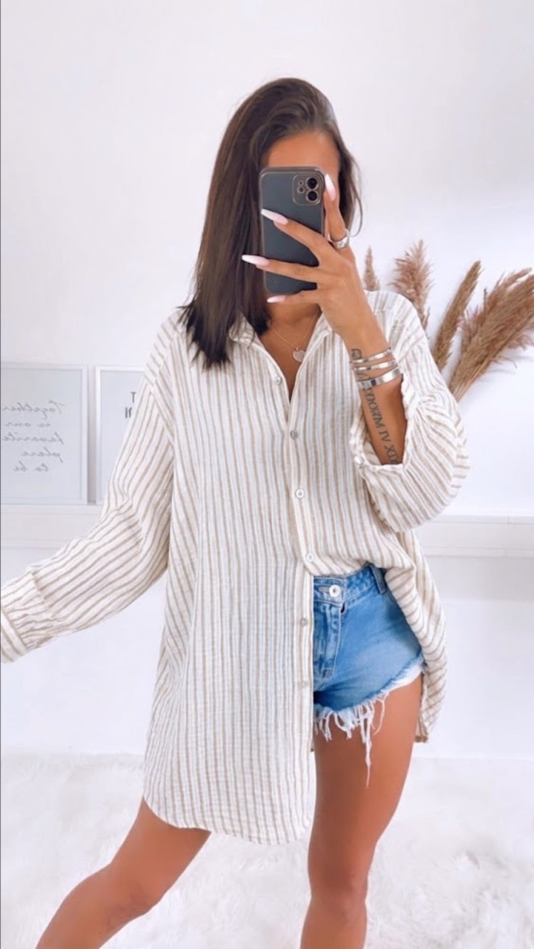 STREIFEN LANGE Musselin Bluse / hell beige verwaschen - weiss Art. 15585