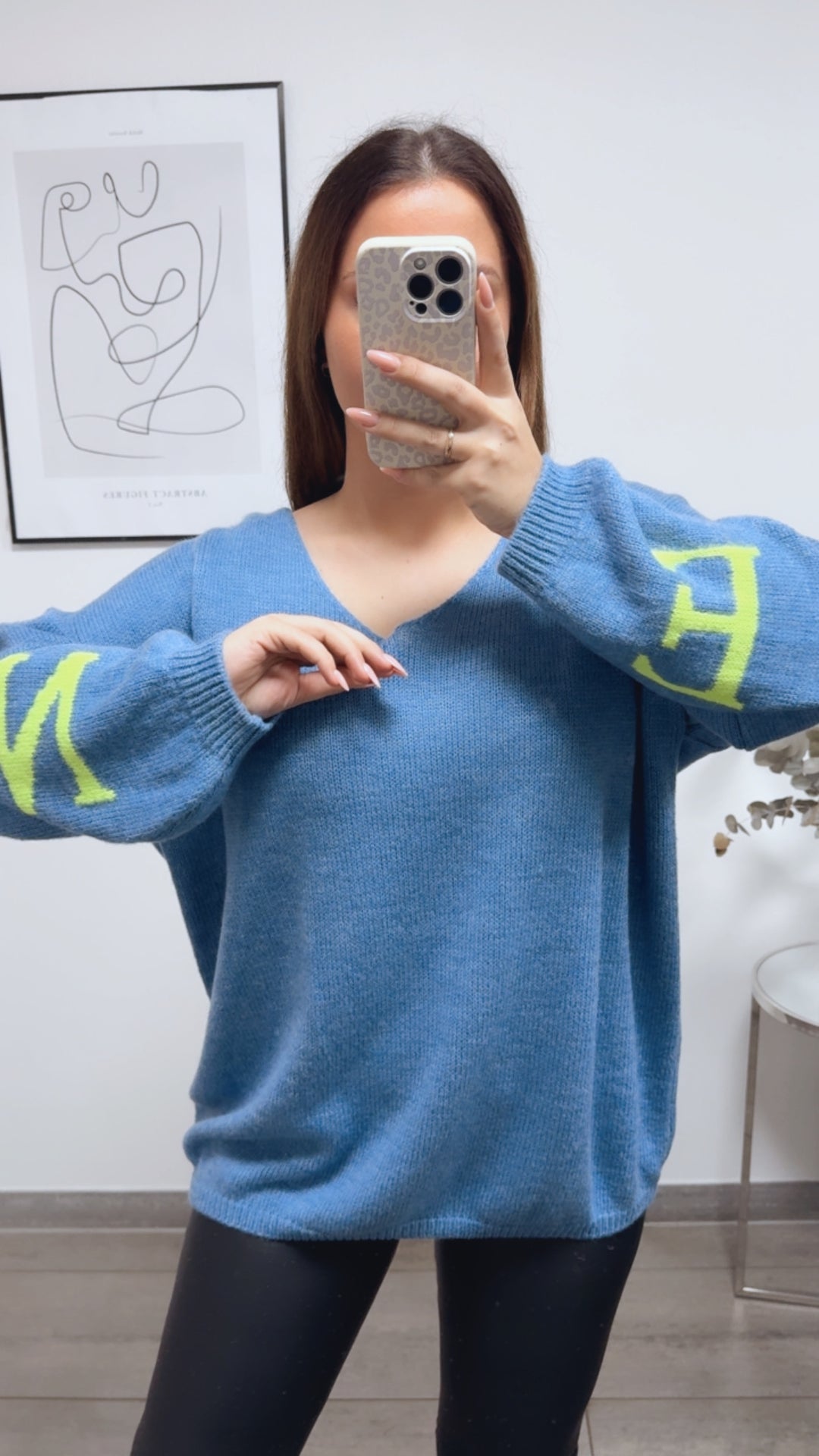 Strick Pullover "Namaste" / Denim Blau - Neon gelb Art. 13337