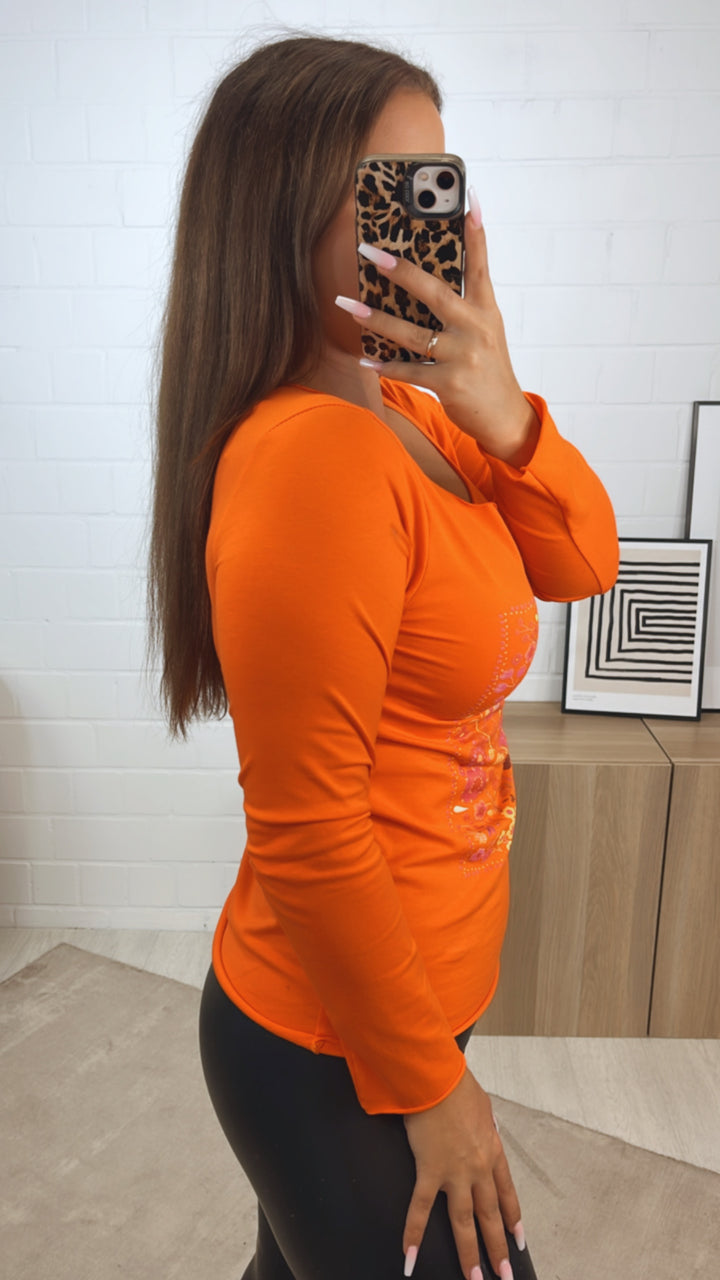 dünnes Langarm Oberteil mit Blumenmuster / orange Art. 9239