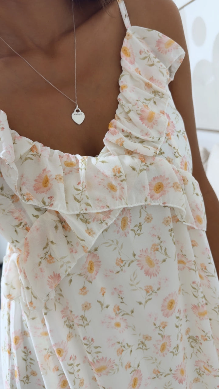 Florales Träger Kleid mit Volant Ausschnitt / creme - rosa Töne Art. 14921