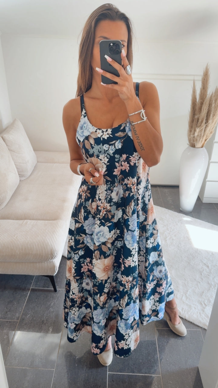 FLORALES Maxi Kleid mit verstellbaren Trägern / blau - hell blau- creme - rosa Art.14784