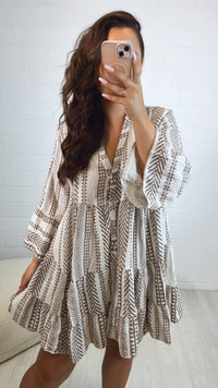 Musselin Kleid / Tunika mit Muster / weiss - taupe Art. 10517