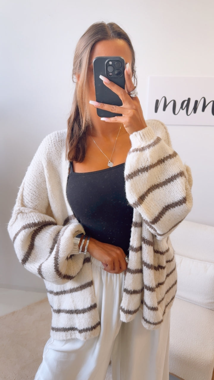 offener Strick Cardigan mit Streifen / wollweiss - taupe Art. 12476