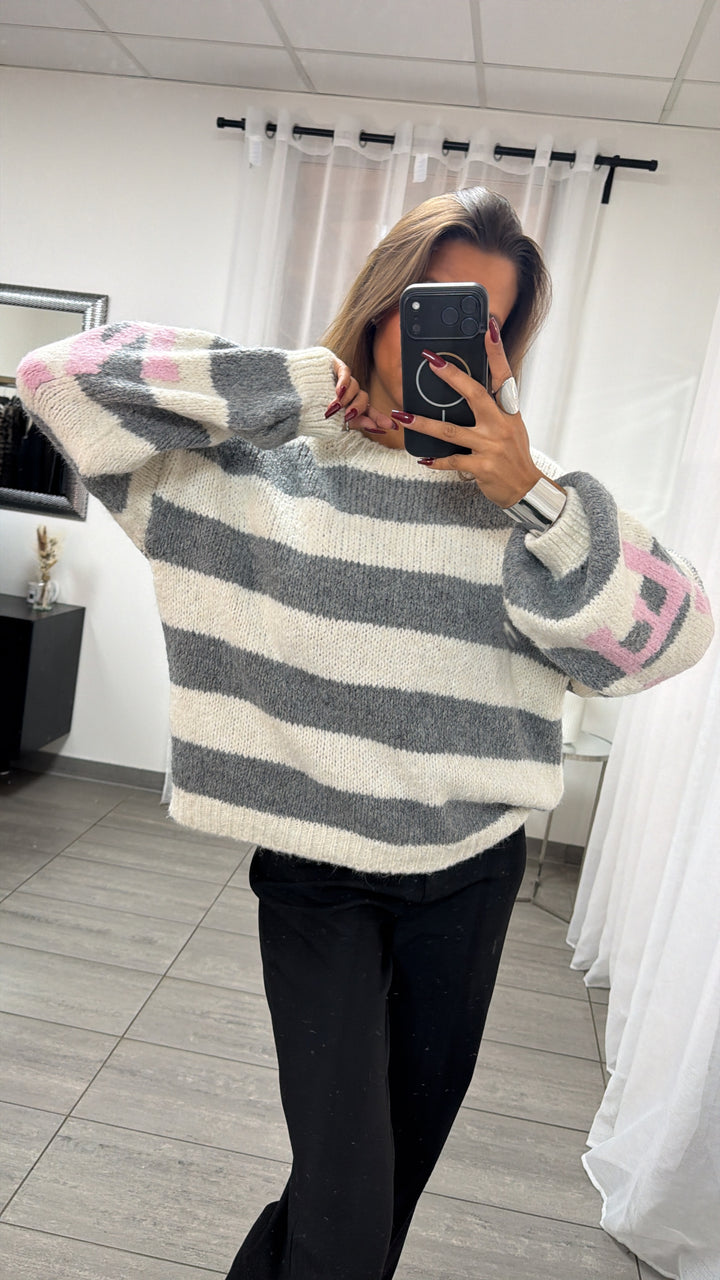 STREIFEN Strick Pullover mit Statement Rückseite / creme - grau - rosa Art. 16497