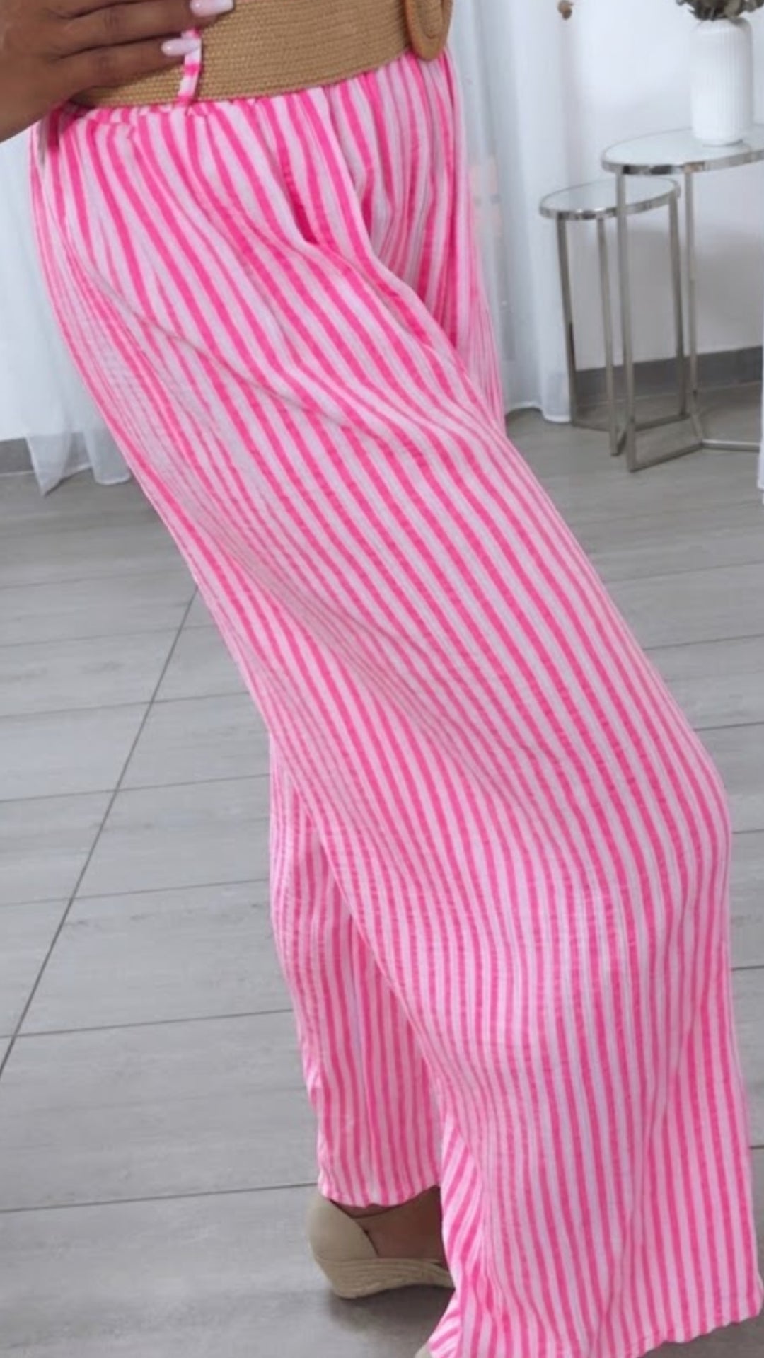 STREIFEN Musselin Hose mit Gürtel / weiss - pink Art. 15233
