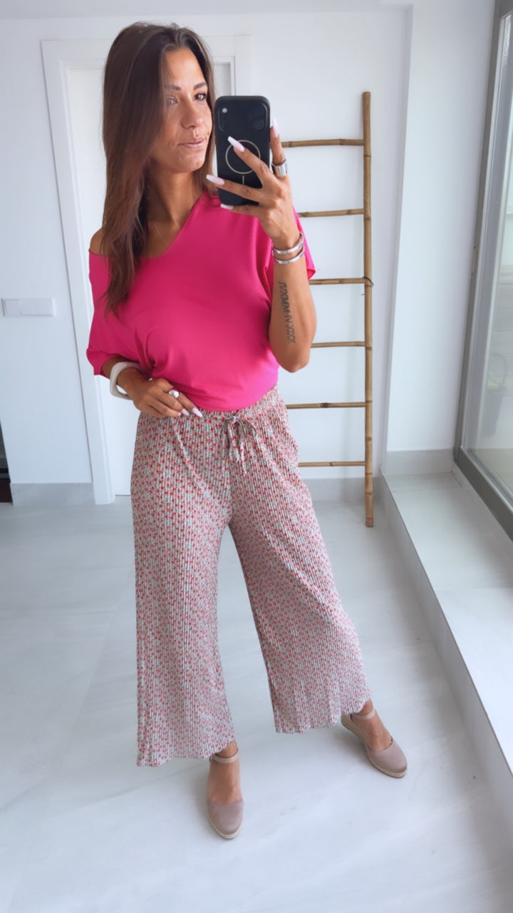 Leichte, plissierte Hose KLEINES BLUMEN Muster / mint - pink Art. 15158