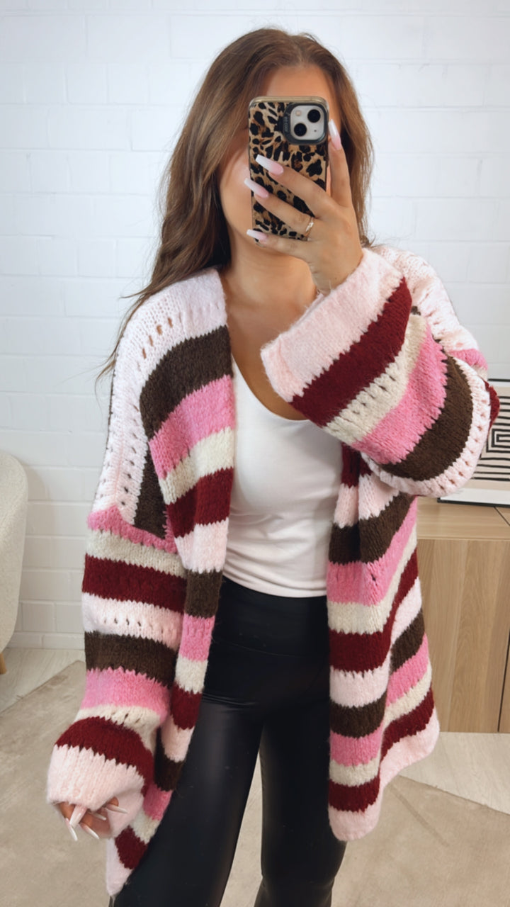 offener Cardigan mit Loch Strick Muster / braun - pink - rosa - weiss - rot Art. 12328