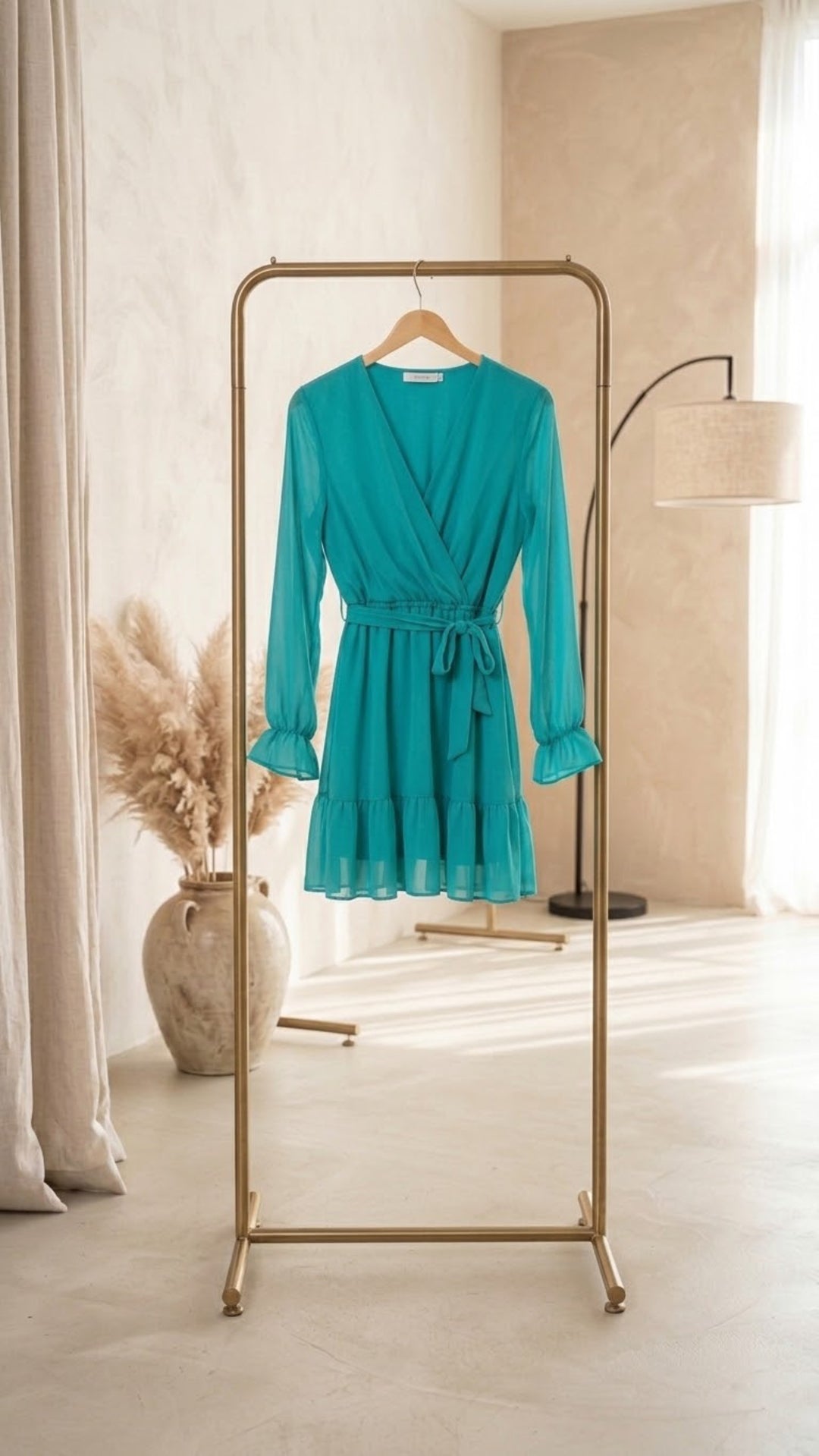Chiffon Kleid in Wickeloptik zum schnüren / light petrol Art. 14511