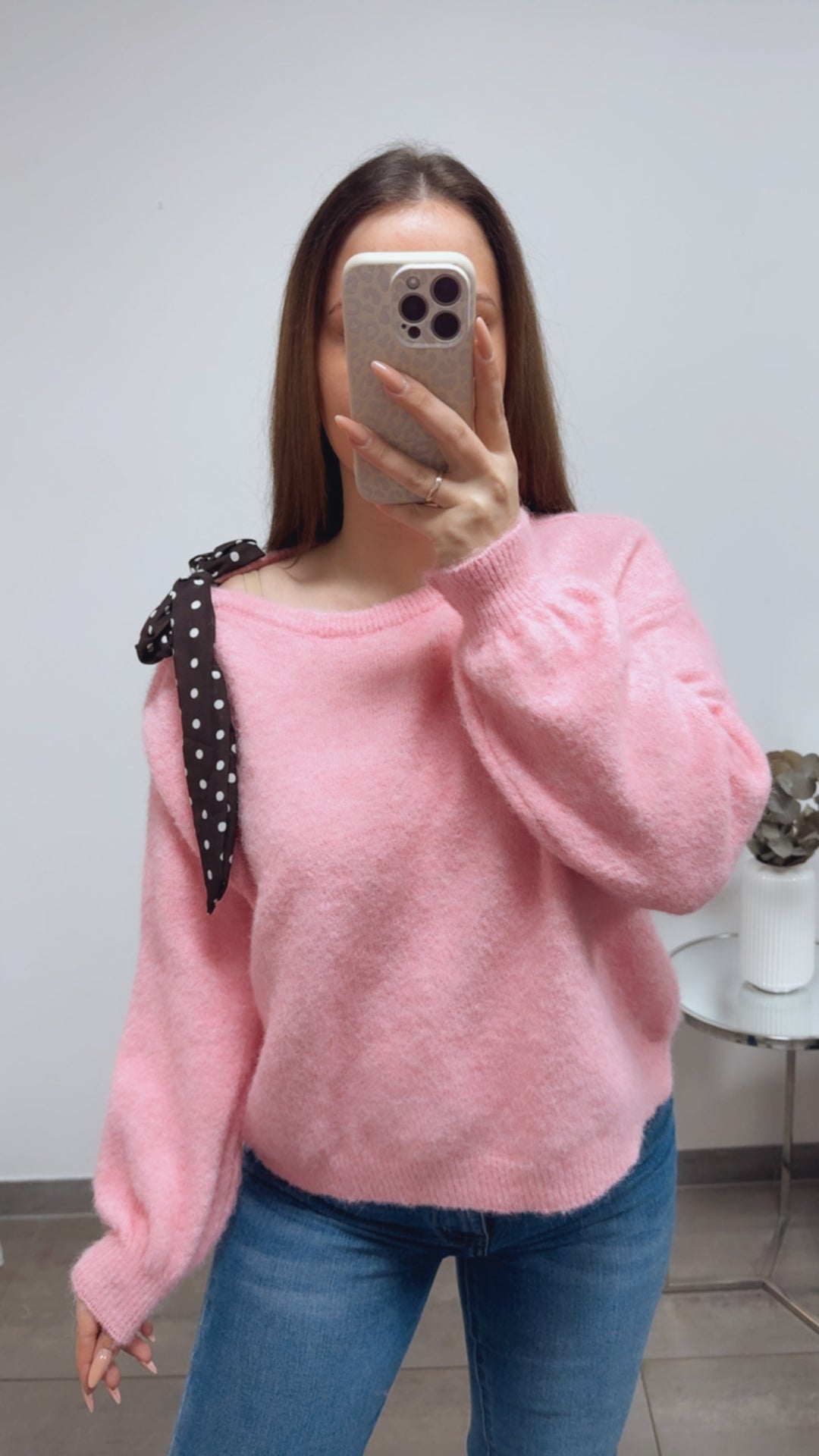 ONE SHOULDER Pullover, Punkte Schleife / soft pink Art. 13818