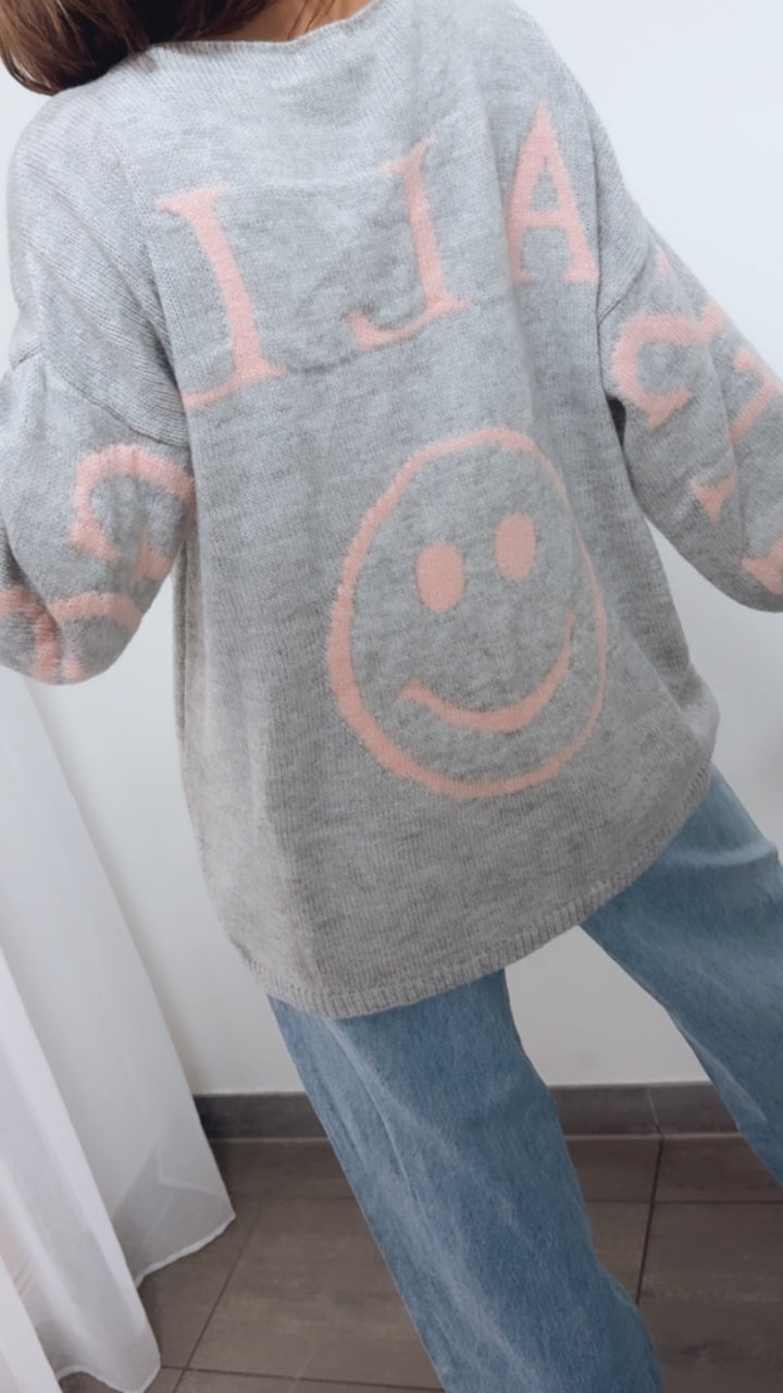Backprint Strickpullover "it´s all good" / grau- rosa Art. 14281