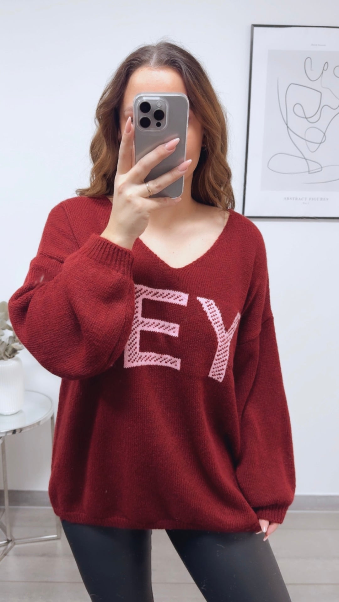 Strick Pullover " HEY ! " / bordeaux rot - pink Art. 13152