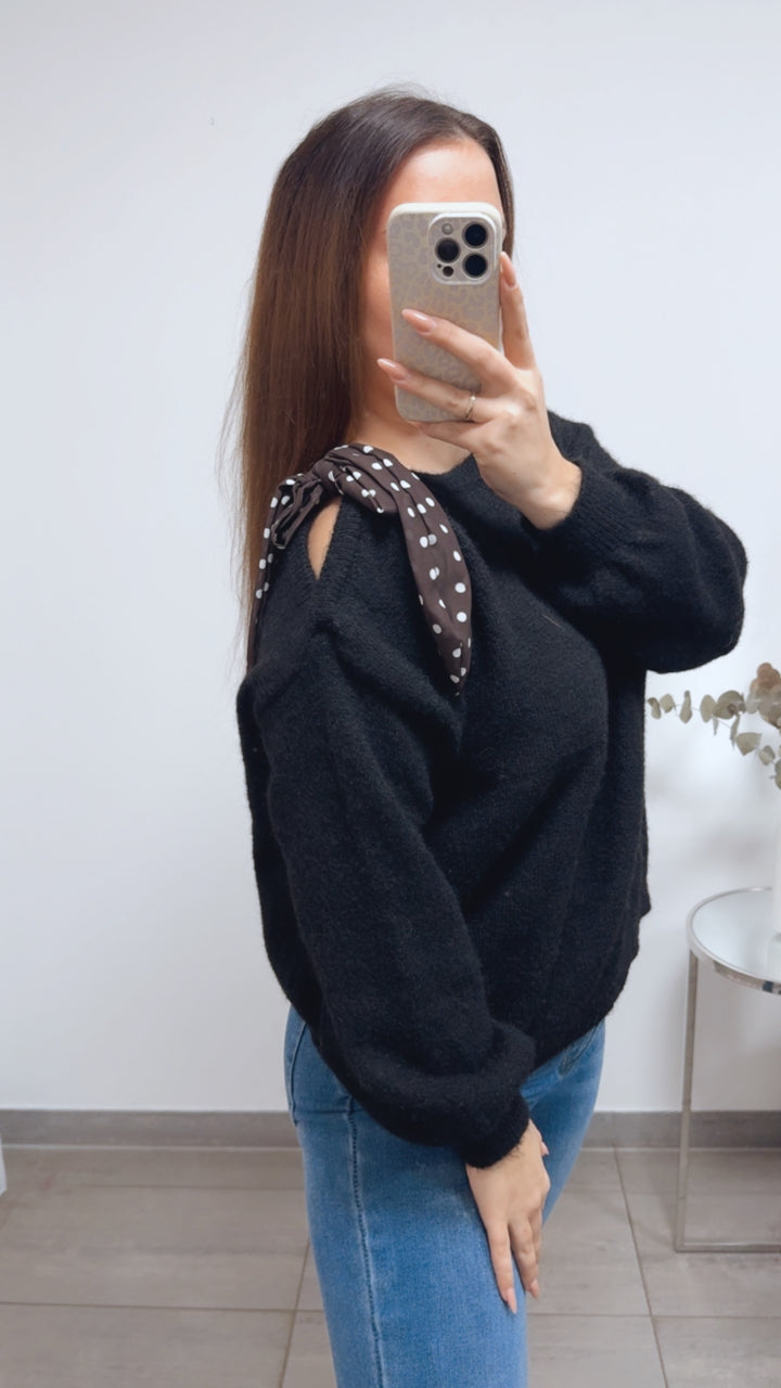 ONE SHOULDER Pullover, Punkte Schleife / schwarz Art. 13821