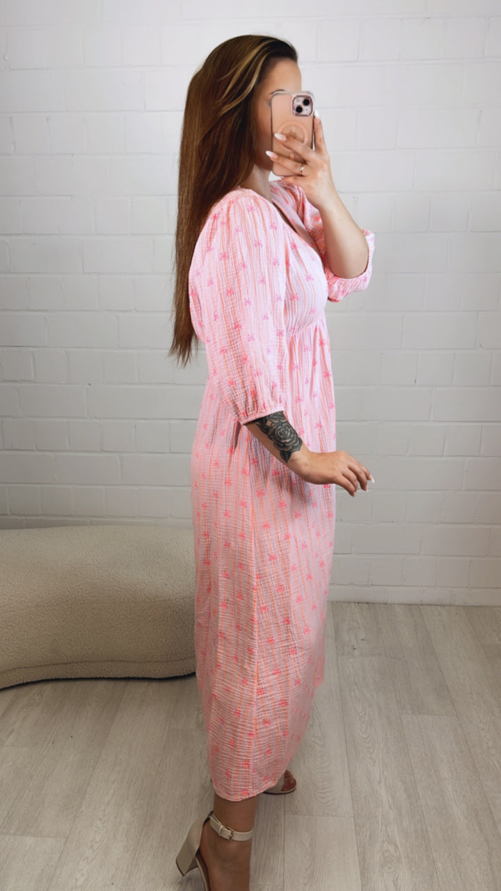 SCHLEIFEN (Midi-) Musselin Kleid, V-Ausschnitt, 3/4 - Ärmel / rosa - neon orange - pink Art. 10103
