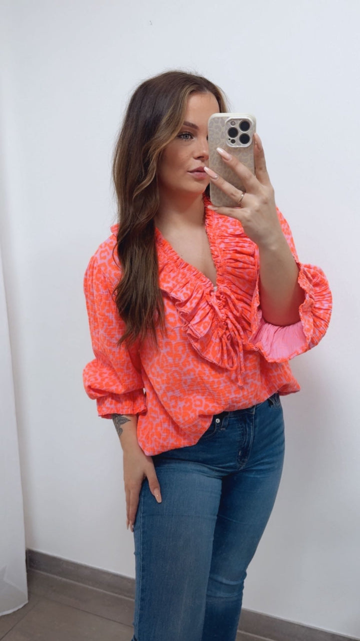 LEO Musselin Bluse mit Volant Ausschnitt / rosa - orange Art. 14734