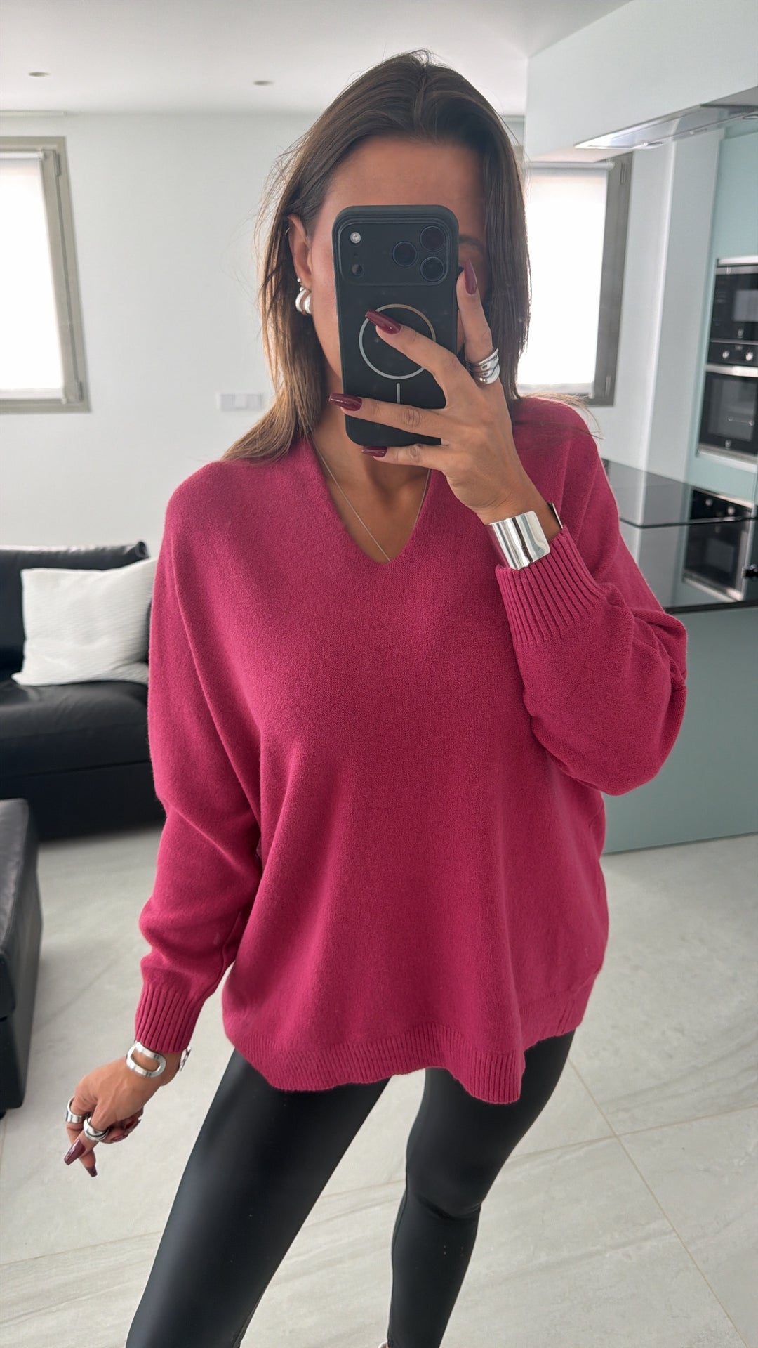 Viskose Mix Pullover mit V-Ausschnitt / pink-Beere Art. 16243