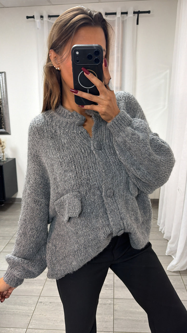 Oversize Strick Cardigan mit Taschen, Strick Knöpfe / dunkel grau Art. 16454