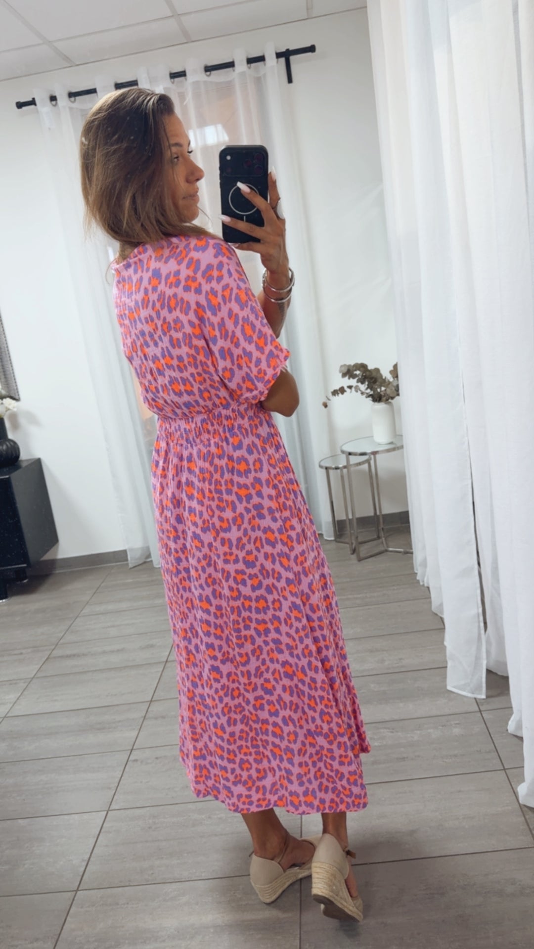 LEO Musselin Midi Sommerkleid, geraffte Taille / Beere - lila - Neon orange Art. 15447