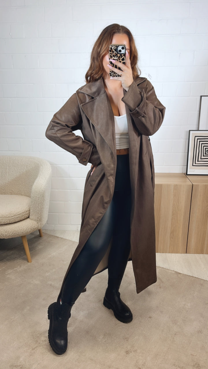 VELOURS langer Trenchcoat Mantel zum SCHNÜREN / braun Art. 12609