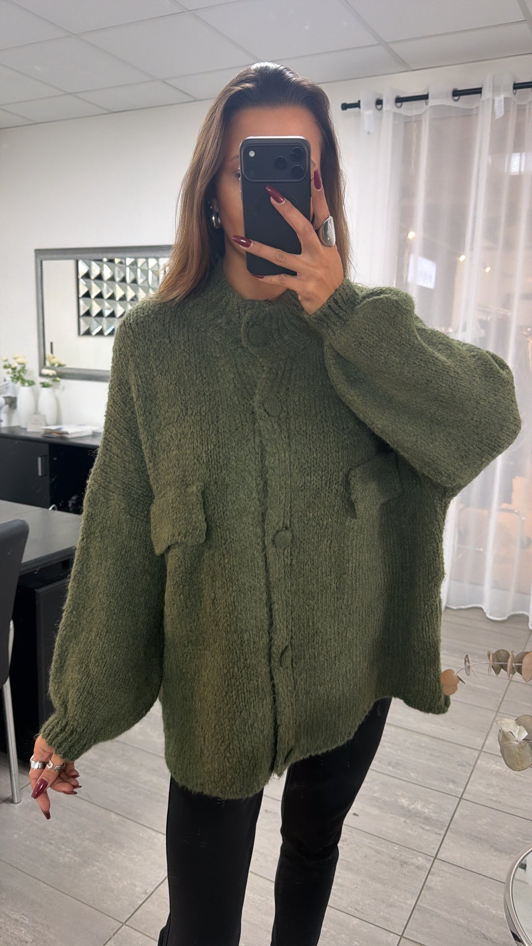 Oversize Strick Cardigan mit Taschen, Strick Knöpfe / Khaki Art. 16737
