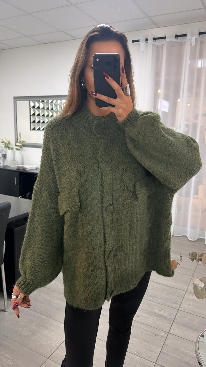 Oversize Strick Cardigan mit Taschen, Strick Knöpfe / Khaki Art. 16737
