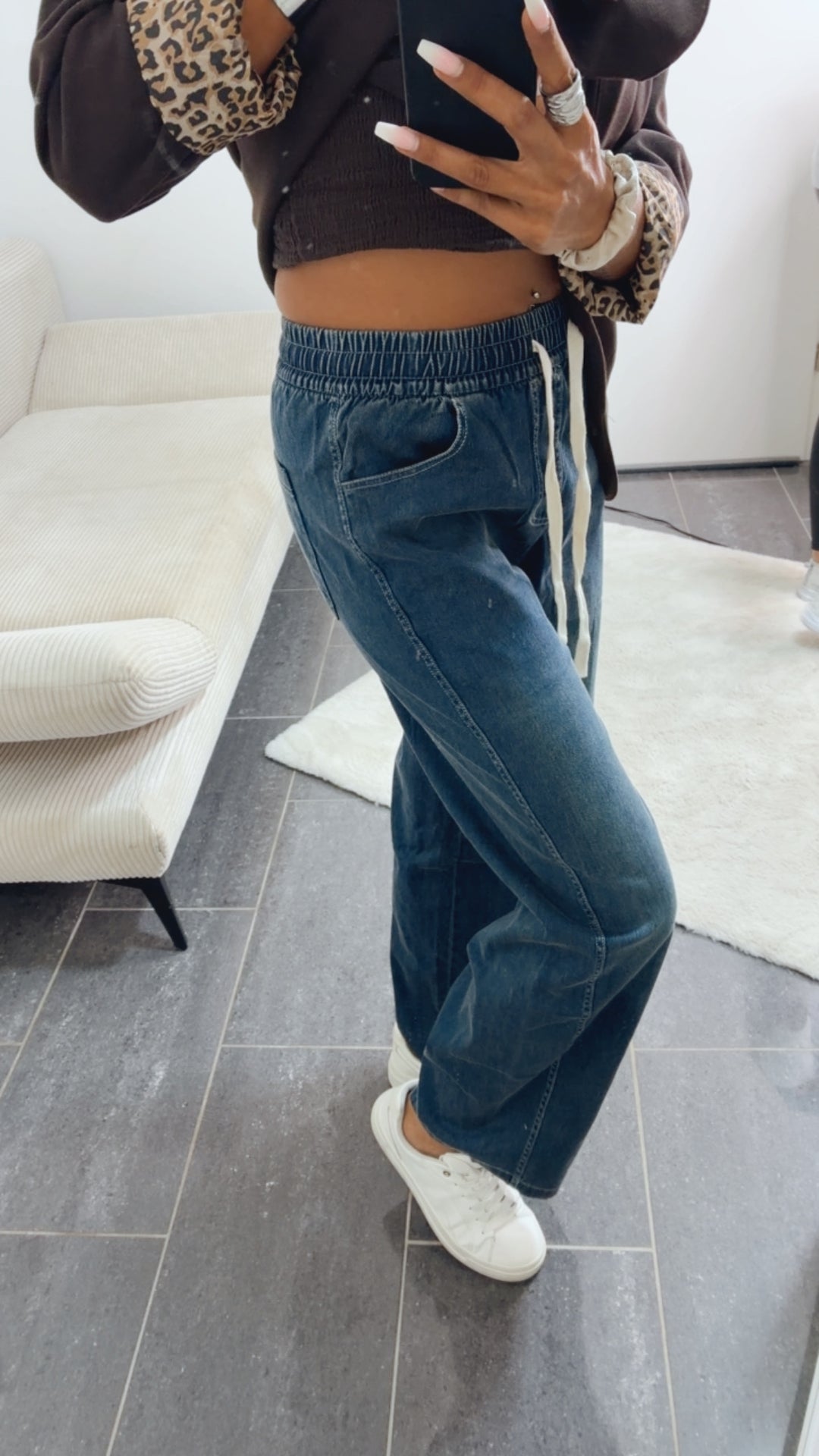 Casual Denim Look  Hose, Tunnelzug " 9985 " / DUNKEL denim blau Art. 16106