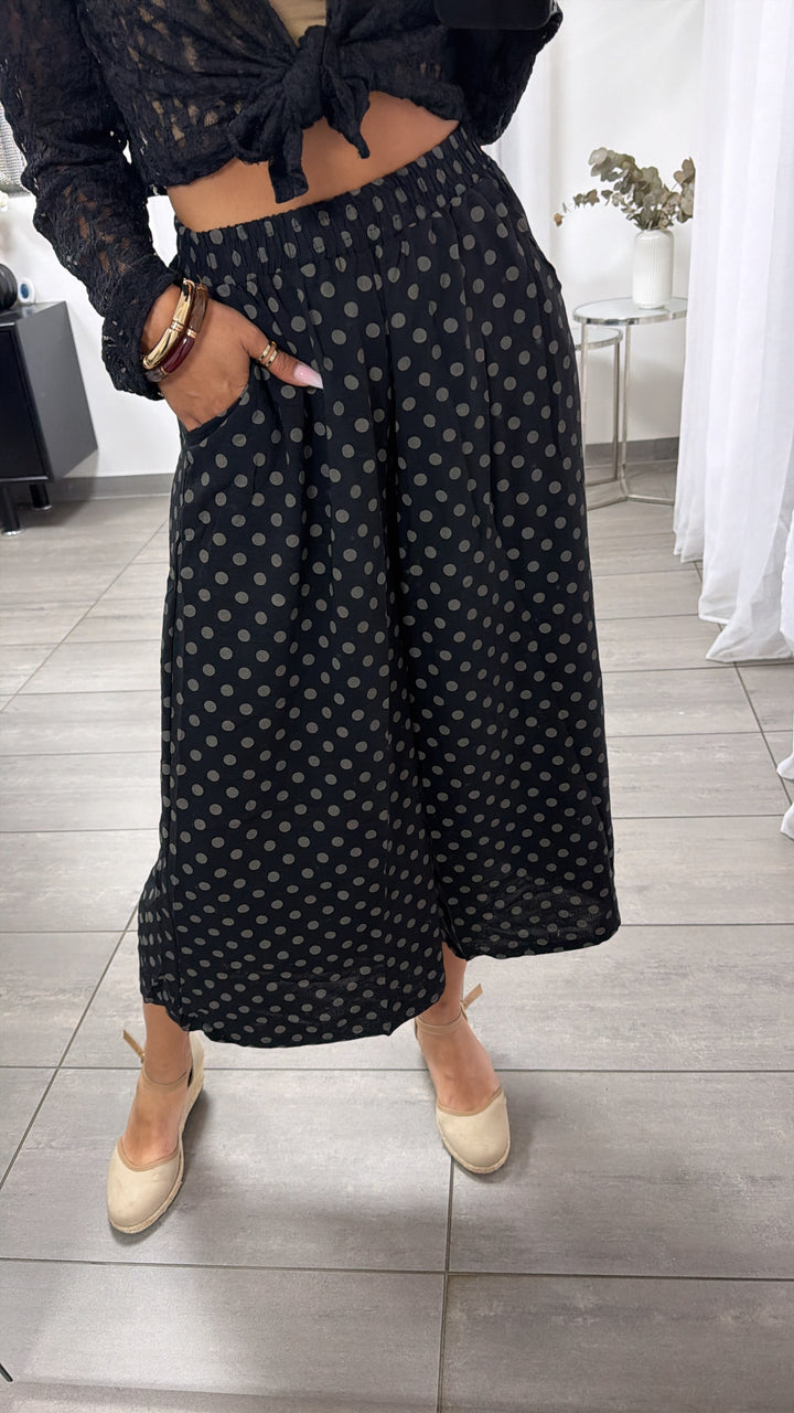 Punkte-Culotte mit Rock-Optik – luftige 3/4 Hose mit Taschen / schwarz - Khaki Art.15142