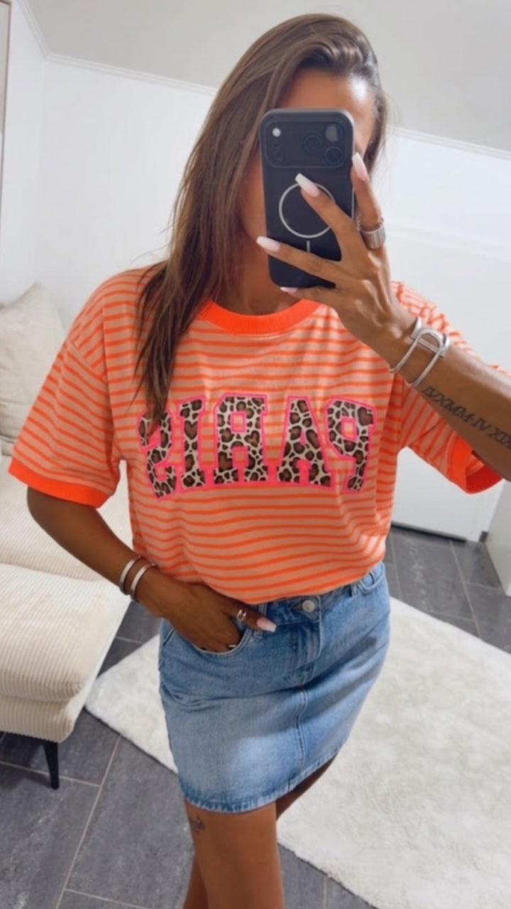 STREIFEN Shirt " Leo PARIS " / beige - neon orange Art. 15469
