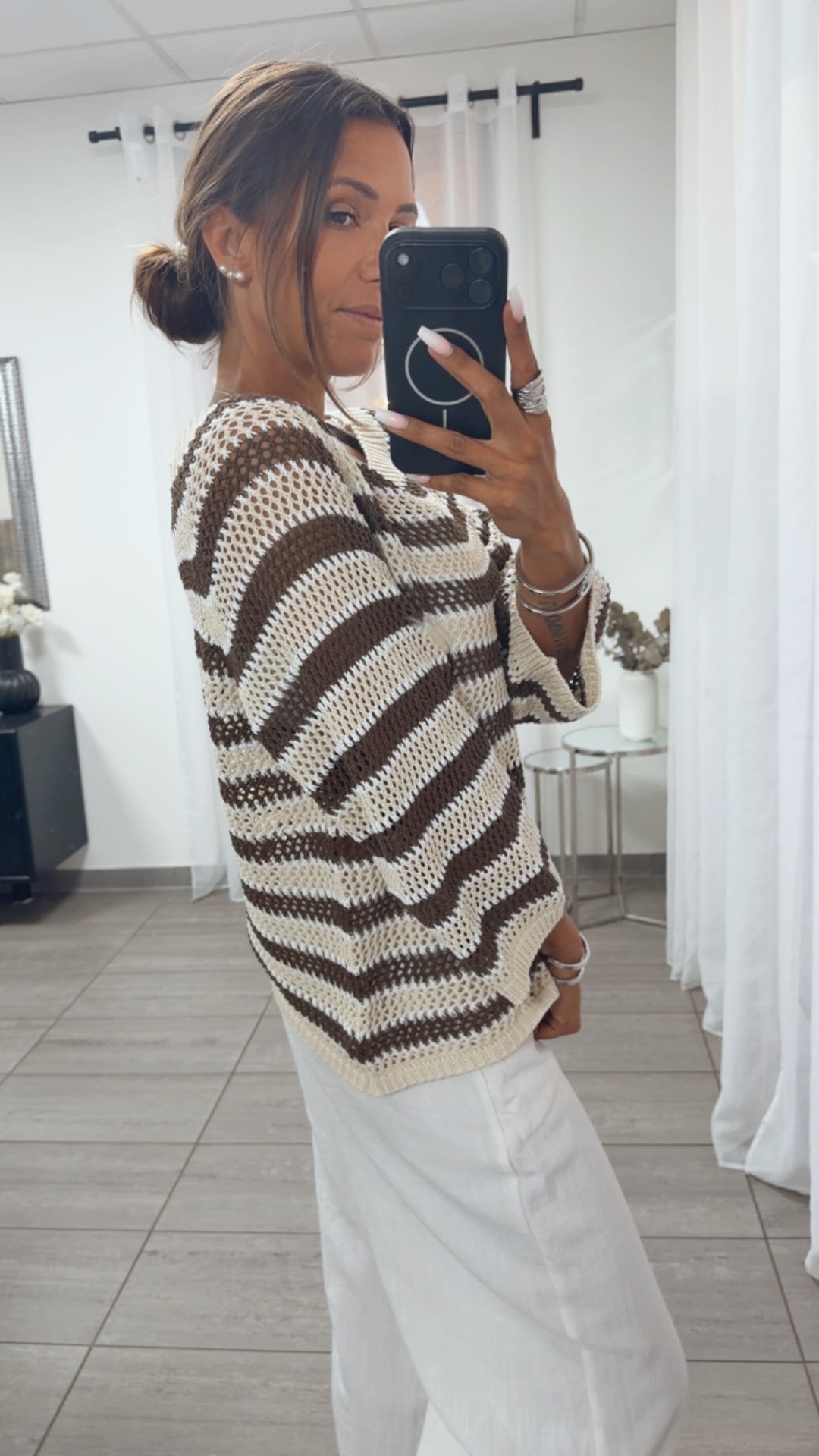 Luftiger, fester Streifen Strick Pullover / braun - beige - weiß Art.15653