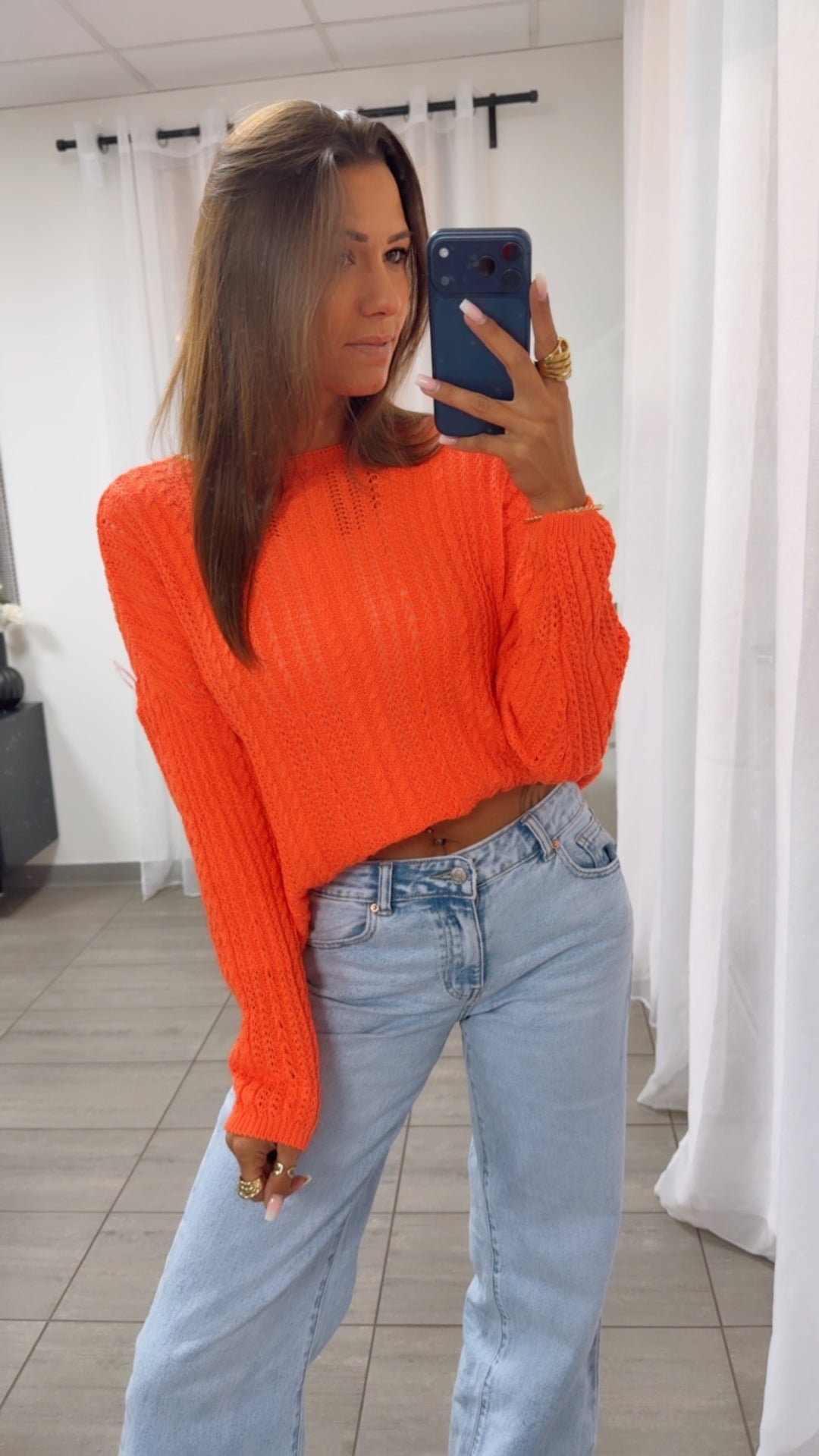 leichter Strick Pullover mit Zopfmuster / orange Art. 14940