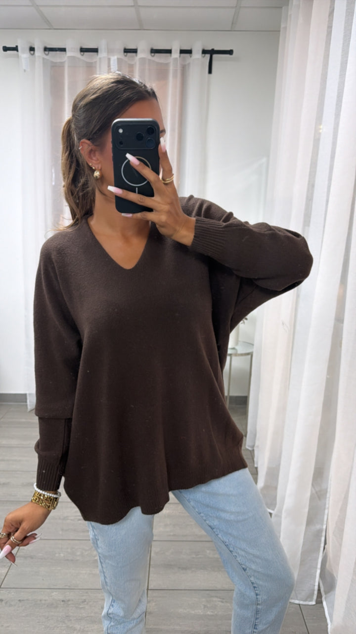 Viskose Mix Pullover mit V-Ausschnitt / braun Art. 16236