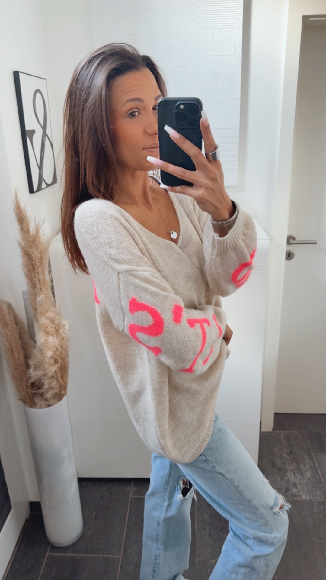 Backprint Strickpullover "it´s all good" / beige - neon pink Art. 14280