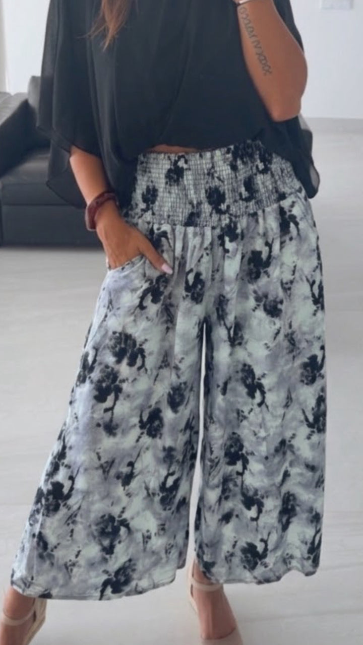 SMOK BUND Midi Palazzo Hose mit abstrakten Print / blau grau - schwarz Art. 15902