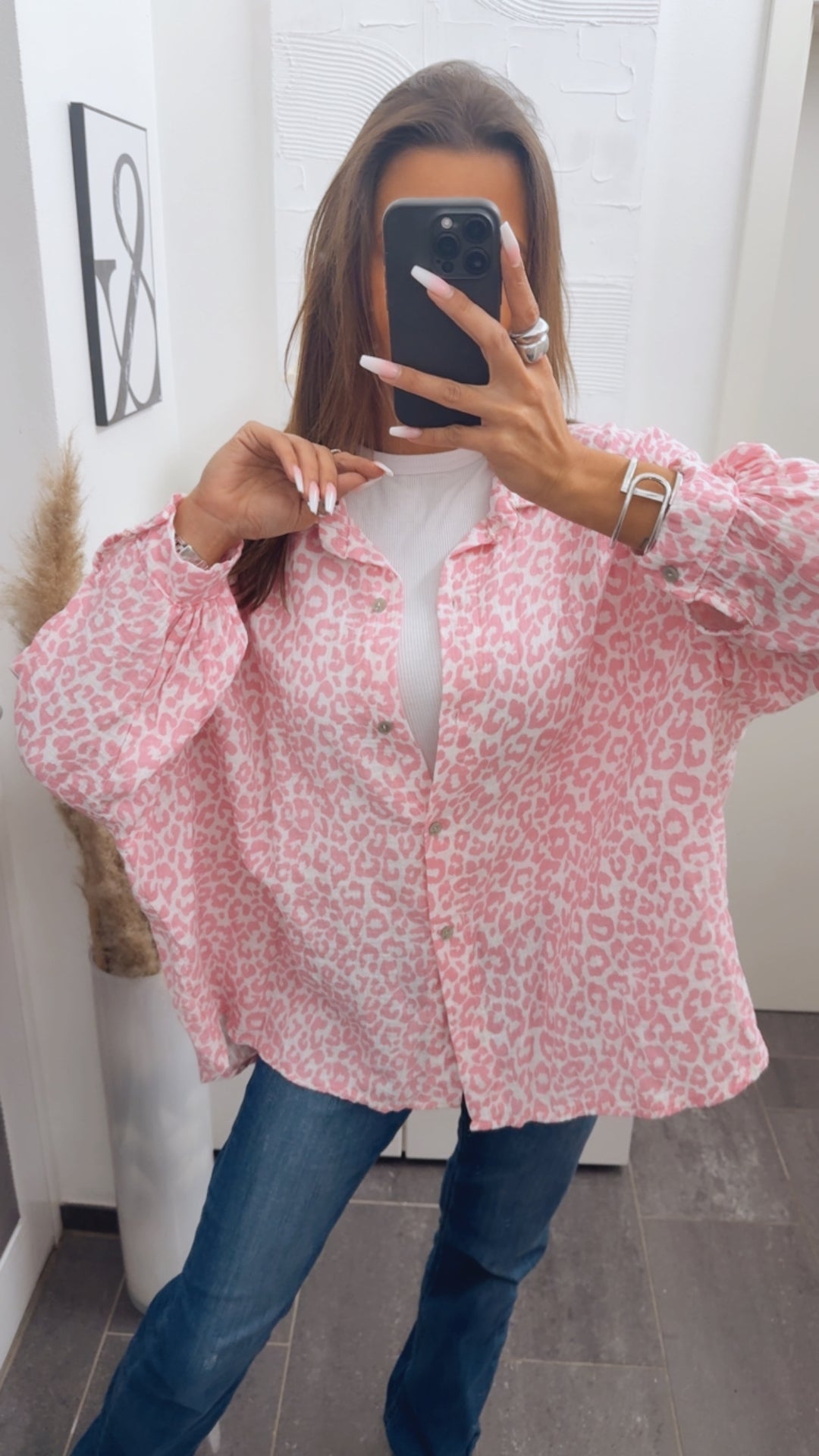 LEO KURZE Oversize Musselin Bluse / weiss - rosa Art. 13762