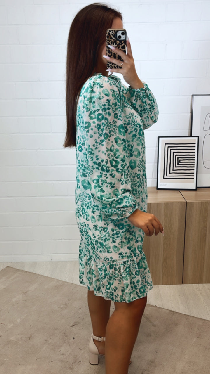 leichtes LEO Kleid mit Unterstoff / creme - türkis Art. 11225